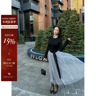 肉装小cherry 优雅诗篇 网纱拼接假两件连衣裙微胖温柔氛围感长裙