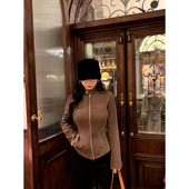 摩登酷飒 肉装 小cherry 复古时髦微胖小立领双开拉链麂皮夹克外套