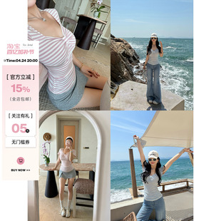 肉装小cherry 条纹序曲 减龄微胖立体蝴蝶结褶皱设计两色条纹T恤