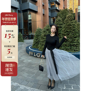 肉装小cherry 优雅诗篇 网纱拼接假两件连衣裙微胖温柔氛围感长裙