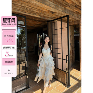 荷叶边光泽感吊带连衣裙微胖法式 白栀奶昔 蛋糕裙 小cherry 肉装