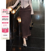 微胖松紧腰系带流苏毛边包臀直筒半身裙 优雅轻曳 肉装 小cherry