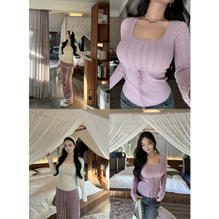 肉装小cherry 暖柔粉漾 氛围感微胖显瘦方领减龄花边设计系带毛衣