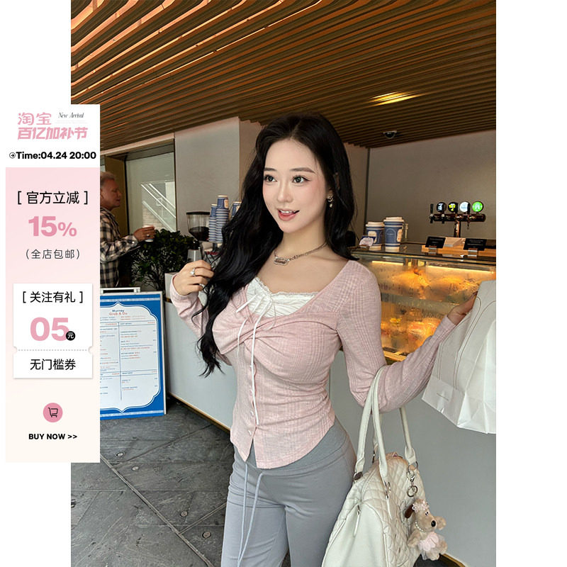 肉装小cherry 奶油蜜桃 显瘦V领拼接蕾丝花边假两件修身上衣两色