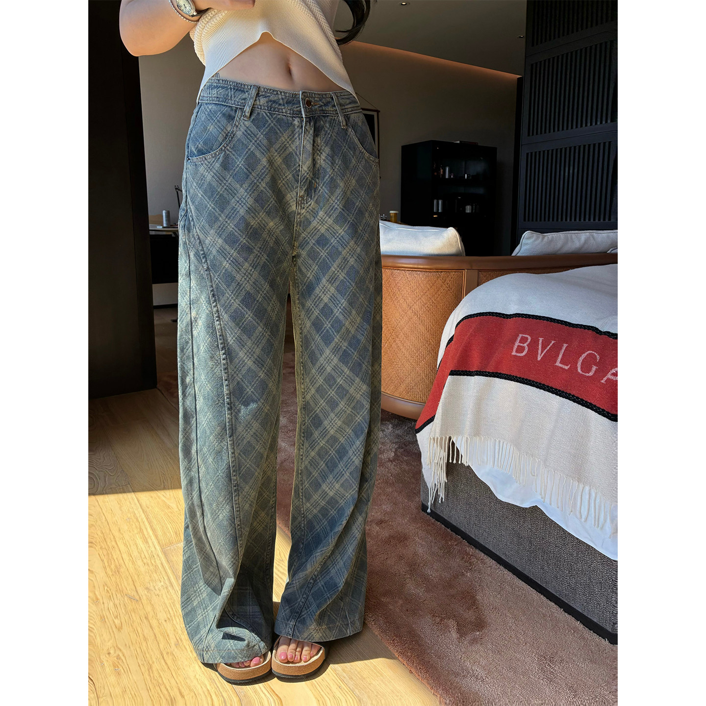 肉装小cherry 旧日旋律 设计感格子裤微胖复古中腰百搭直筒长裤女