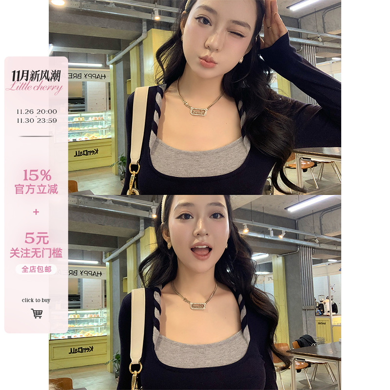 纯欲方领撞色扭结假两件上衣女