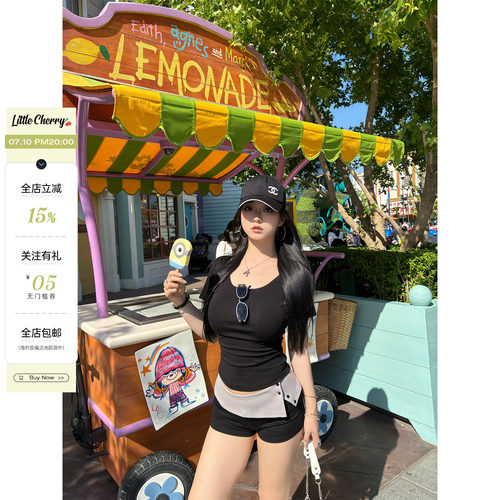 肉装小cherry 黑渊白简 夏季微胖辣妹翻边撞色热裤中低腰包臀短裤