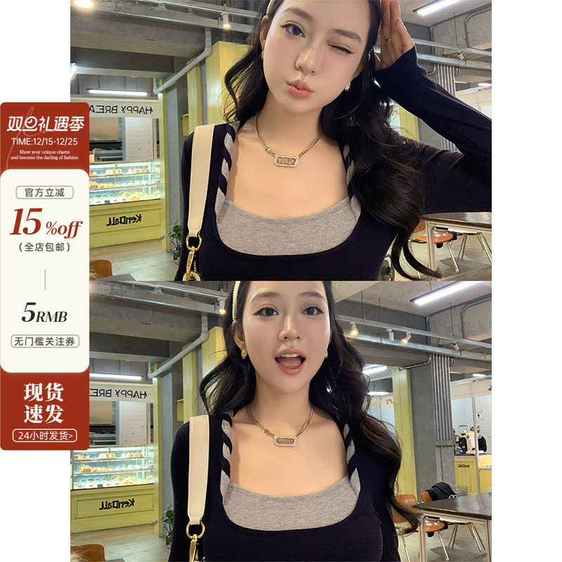 纯欲方领撞色扭结假两件上衣女