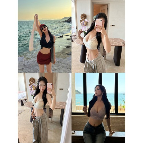 纯欲V领立体提花蕾丝带胸垫吊带