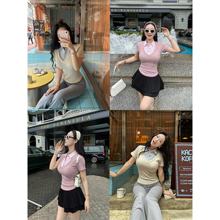 小cherry 微胖修身 少女心愿 领绣花短袖 上衣女两色 假两件衬衫 肉装