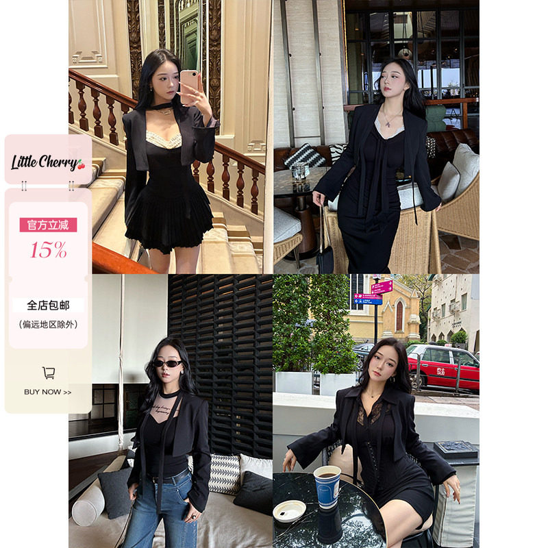 肉装小cherry 黄金比例 设计感V领飘带微胖带垫肩短款西装外套女