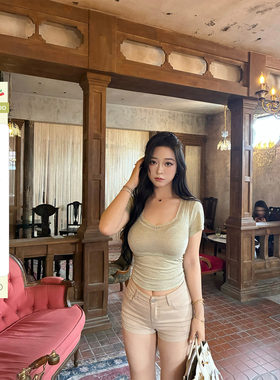 蕾丝花边莱赛尔T恤修身短袖上衣