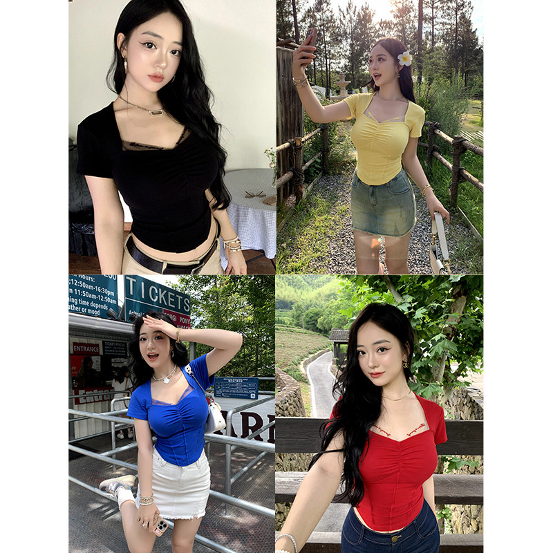 肉装小cherry 甜美梦境2.0 拼接字母绣花网纱弧形摆微胖修身T恤女