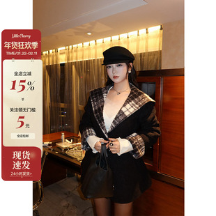 肉装小cherry 慵懒轮廓 双面穿设计连帽格纹外套女微胖羊羔毛上衣