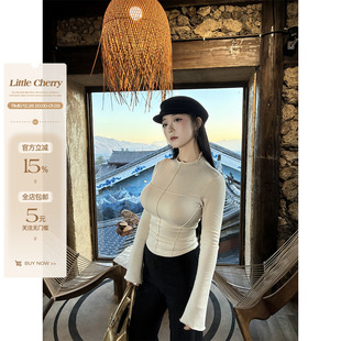 小众设计感十字分割线微胖圆领长袖 柔粉轻甜 上衣女 小cherry 肉装