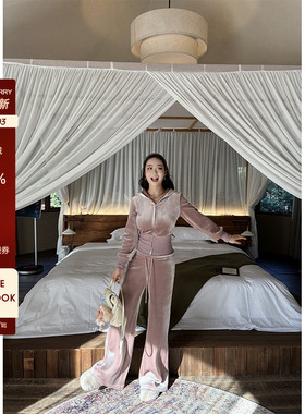 肉装小cherry 穿搭不费力 微胖加绒丝绒套装修身连帽卫衣高腰卫裤