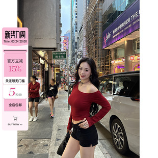 T恤微胖带胸垫露肩修身 肉装 辣妹斜肩长袖 微甜黑巧 上衣 小cherry