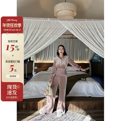 大兜帽外套高腰直筒裤丝绒套装女