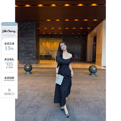 法式气质收腰连衣裙两穿袖长伞裙