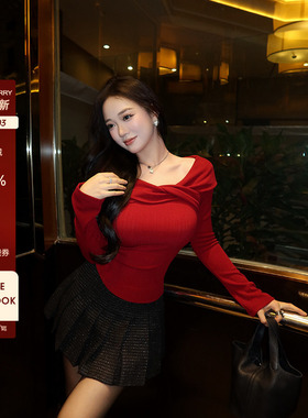 肉装小cherry 柔柔心动 微胖交叉领口长袖针织衫女设计感修身上衣