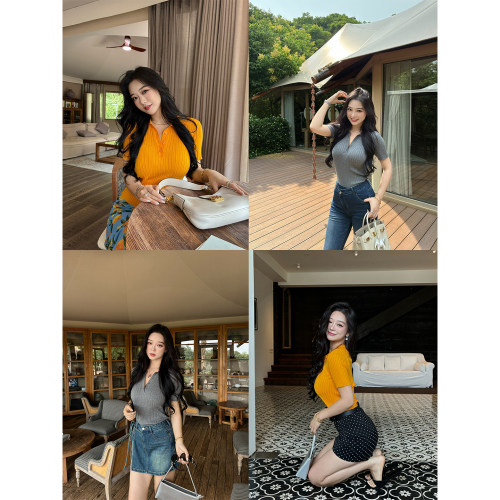 修身Polo翻领短袖毛织上衣T恤女