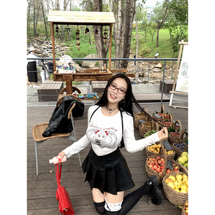 肉装小cherry 美少女战士 微胖圆领蝴蝶结爱心印花修身长袖T恤女