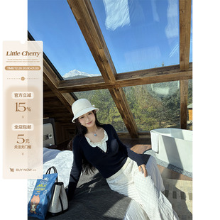 微胖撞色假两件纯欲U领木耳边针织上衣女 陷进温柔 肉装 小cherry