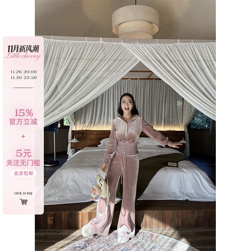 大兜帽外套高腰直筒裤丝绒套装女