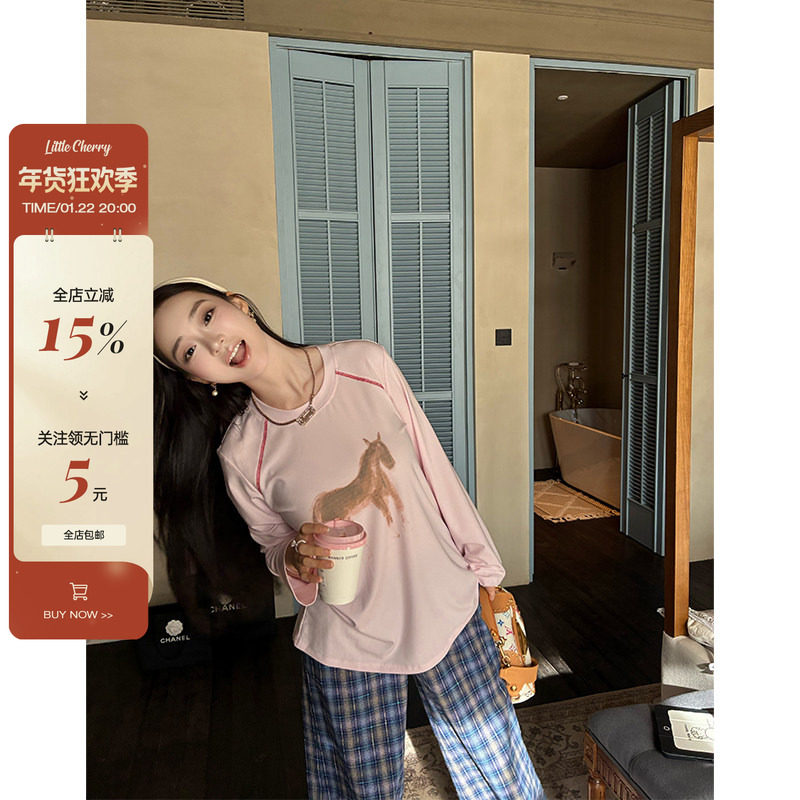 肉装小cherry 好运加马 微胖松弛感圆领天丝上衣小马印花宽松T恤,女装/女士精品,T恤,淘宝优惠券,粉丝福利购,淘宝优惠卷