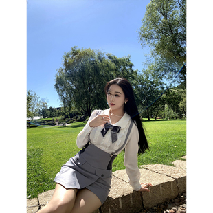 拼色背带裙套装 肉装 微胖木耳边可拆蝴蝶结衬衫 偷心猎手 小cherry