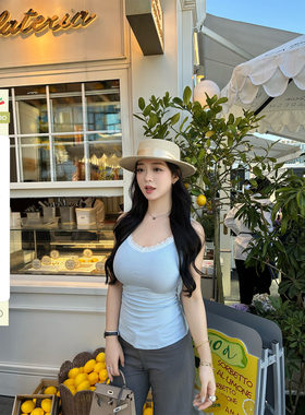 肉装小cherry 夏日甜豆 肩带可调微胖V领拼接蕾丝花边两色背心女