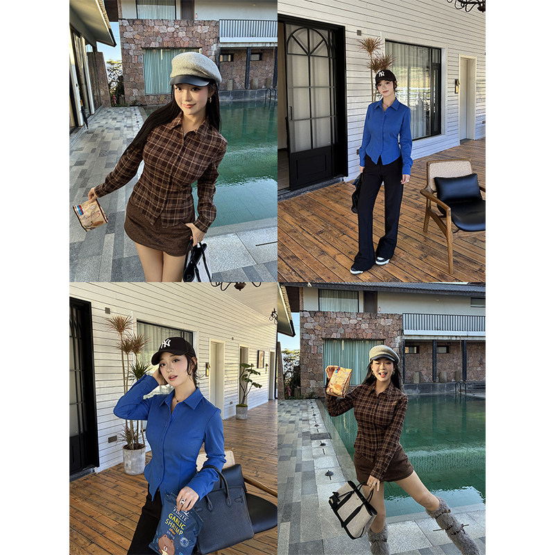 肉装小cherry 棕蓝序曲 微胖收腰显瘦复古格纹显白简约纯色衬衫女