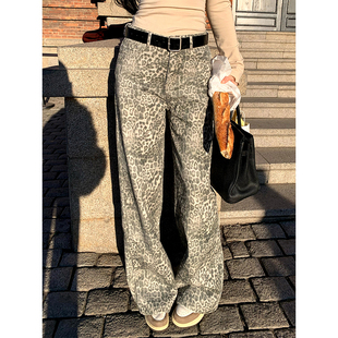 肉装小cherry 豹影迷踪 微胖酷飒直筒显瘦中高腰厚绒豹纹牛仔裤女