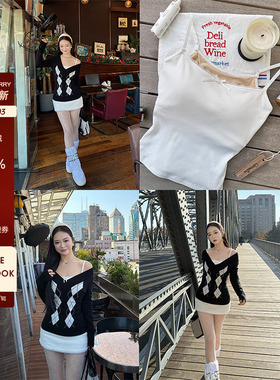 肉装小cherry 智性美人 微胖V领菱格纹毛衣/带胸垫可调节吊带背心