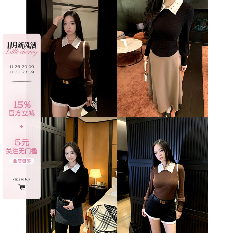 可拆卸领子修身弧形摆针织上衣女