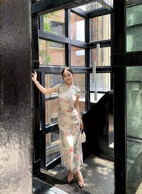 肉装小cherry 溪桥绿蔓 国风微胖斜门襟盘扣包臀直筒旗袍连衣裙夏