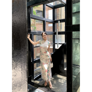 肉装小cherry 溪桥绿蔓 国风微胖斜门襟盘扣包臀直筒旗袍连衣裙夏