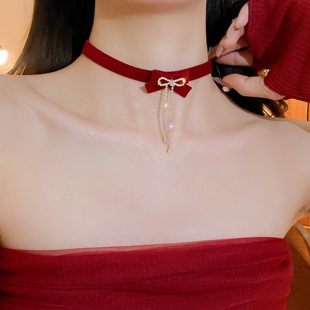 红色颈饰结婚新娘敬酒服锁骨颈链复古丝绒蝴蝶结choker项链项圈