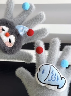 手套女可爱冬季骑行电动车保暖手套加绒加厚防寒防风毛绒分指手套