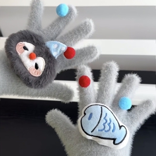 手套女可爱冬季骑行电动车保暖手套加绒加厚防寒防风毛绒分指手套