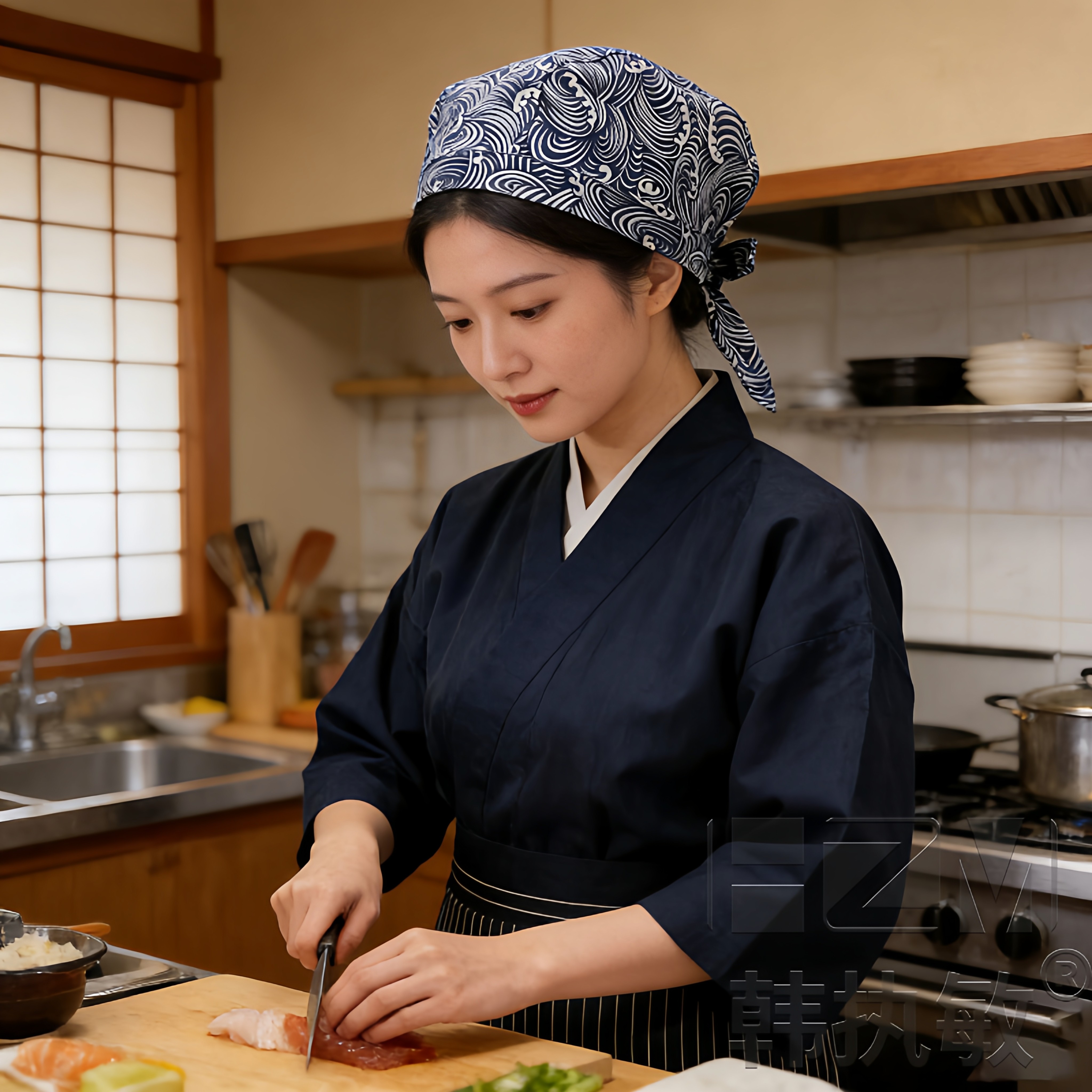 厨房帽子绑带日式料理帽厨师寿司店专用服务员帽子日系头巾防掉发