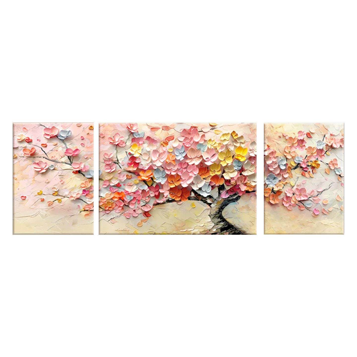 奶油风发财树客厅装饰画大芬村油画壁画沙发背景墙挂画彩绘三联画