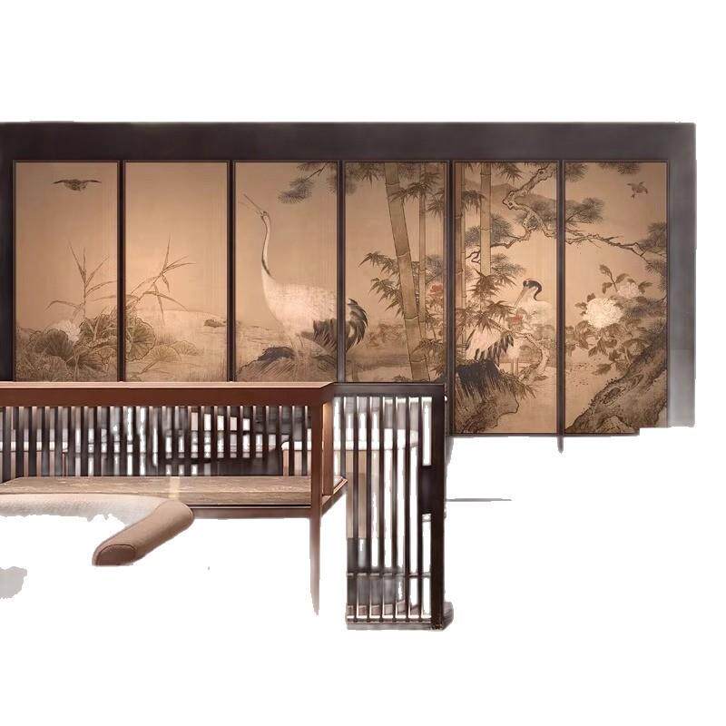茶室六联屏花鸟装饰画酒店客餐厅别墅背景墙壁新中式古典禅意挂画