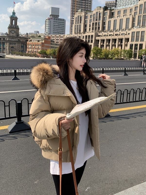 大毛领短款羽绒棉服女冬季2023年新款韩版宽松加厚小个子棉衣外套