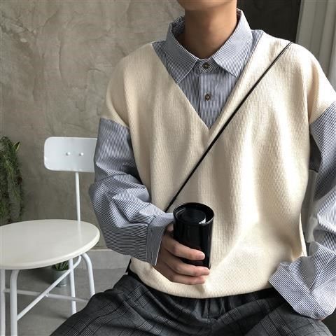 假两件毛衣男秋季薄款条纹衬衫男百搭情侣装学生长袖针织衫上衣潮