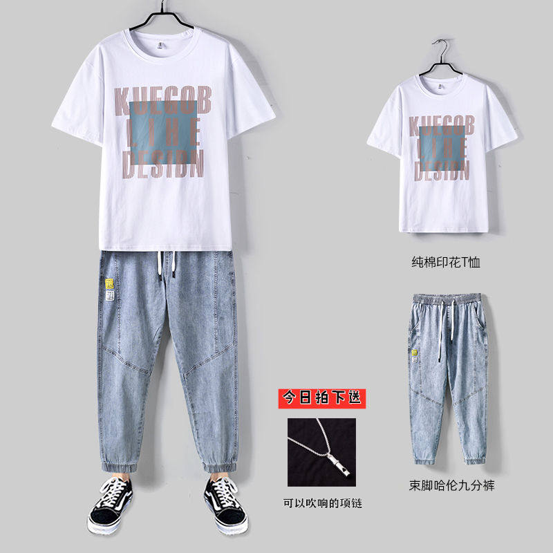 套装男夏季韩版潮流帅气两件套休闲帅气牛仔裤短袖网红潮男装一套