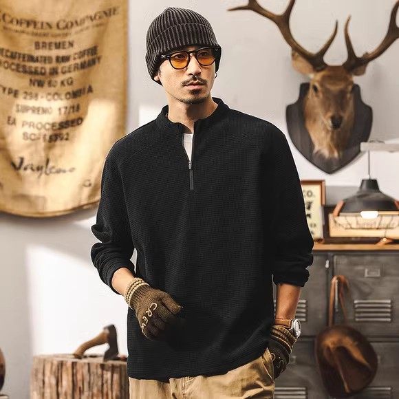 美式复古欧棉绒400g重磅加厚卫衣男春秋长袖T恤男半拉链宽松上衣