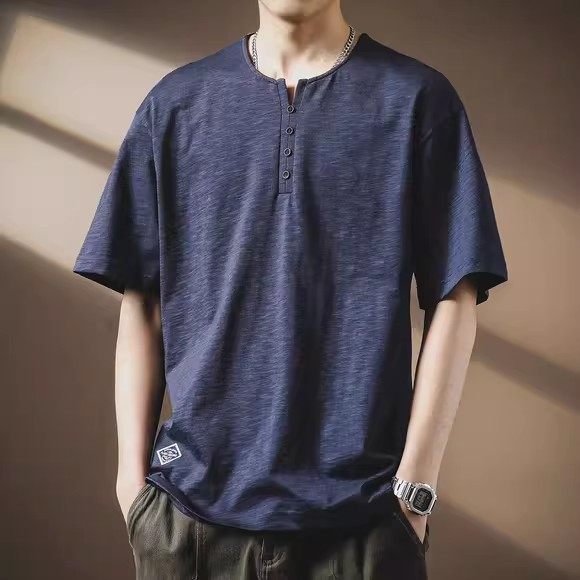 高端美式复古竹节棉亨利领短袖Polo衫男夏季薄款宽松半袖T恤上衣