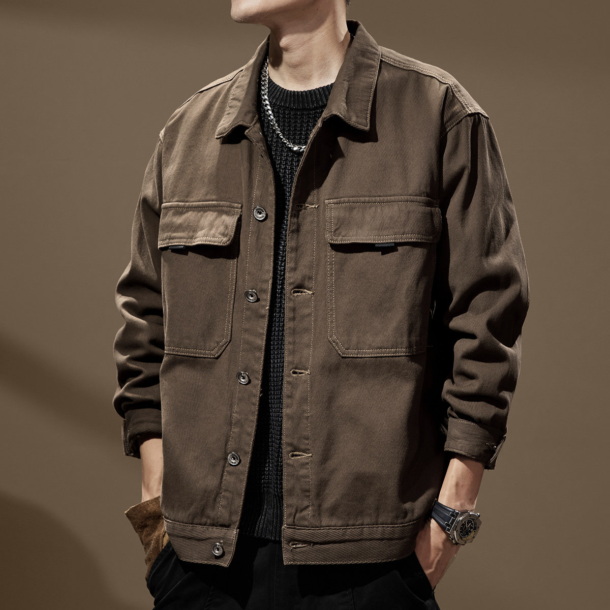 美式重磅复古高端硬汉工装衬衫男春秋宽松大码猎装夹克休闲外套男