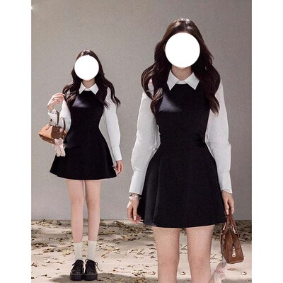 【有里布】气质秋冬千金高级黑白设计假两件收腰显瘦连衣裙LJ0311